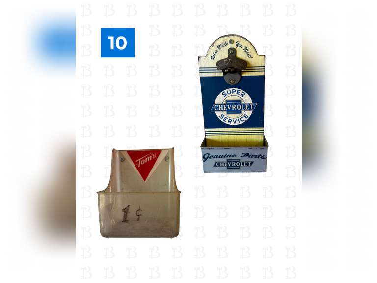 Paper Towel Holder with Gulf Sticker, Chevrolet Wall Bottle Opener, Tom's Peanuts Display Rck