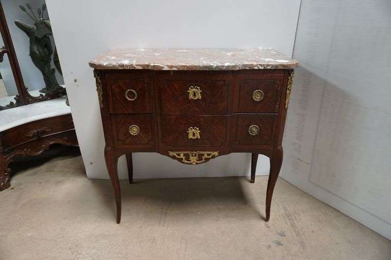 Louis XV/XVI Transitional Style Marble Top Parquertray Inlayed 2 Door Commode