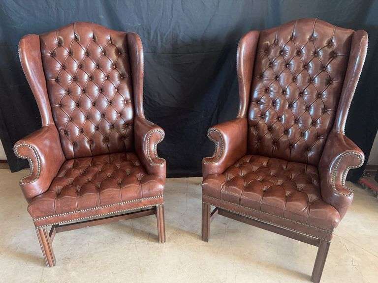Leather Chippendale Wing Chairs