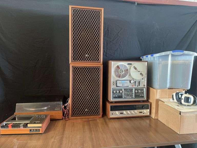 Record Player, Cassette Tape Deck, Akai Surround Sound 1730D-SS, Sansui Amplifier, & Misc. Records