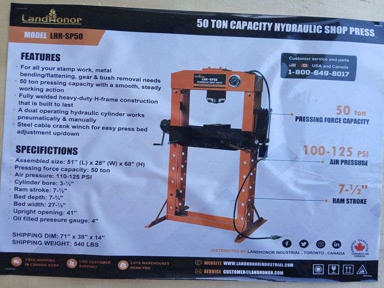 50 TON CAPACITY HYDRAULIG SHOP PRESS Landhonor