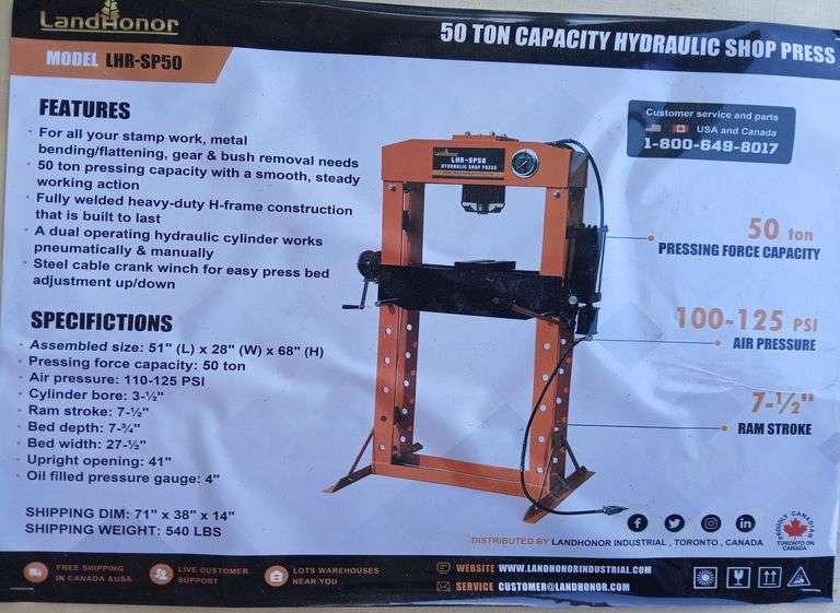 50 TON CAPACITY HYDRAULIG SHOP PRESS Landhonor