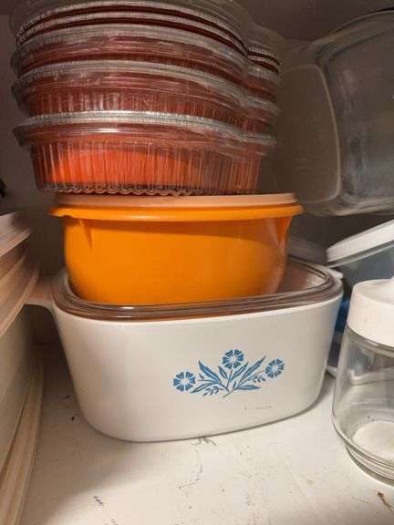 Contents of shelves, Corning wear casserole, misc