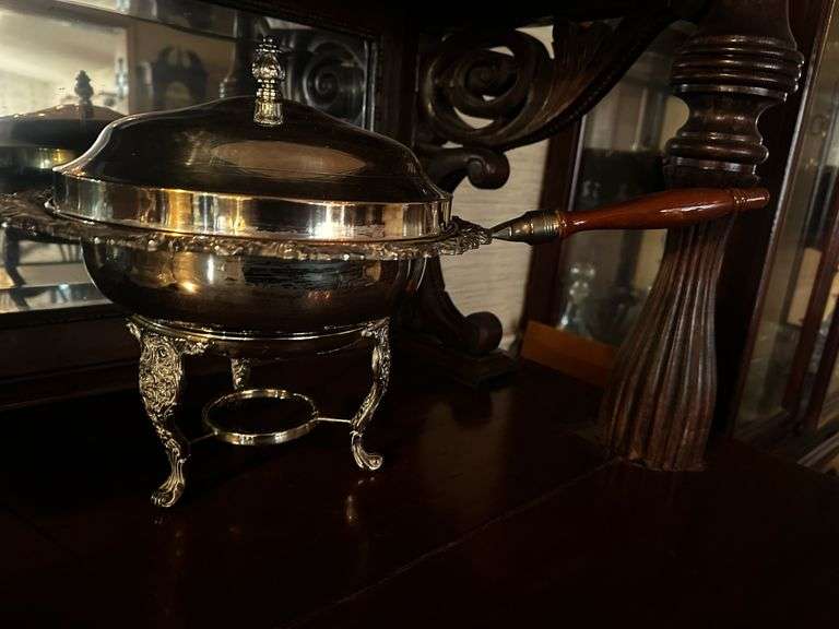 Misc. Silver Plate Chafing Dish, Tureen, Oil Lamp, Silver Plate Coffee & Tea Kettle