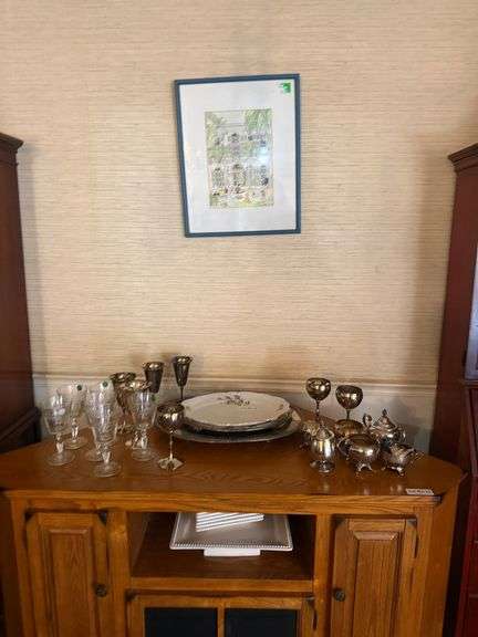 Lot of Misc. Silver Plate Trays, Stemware, Silver Plate Goblets, Cake Plate, & Print, Etc.