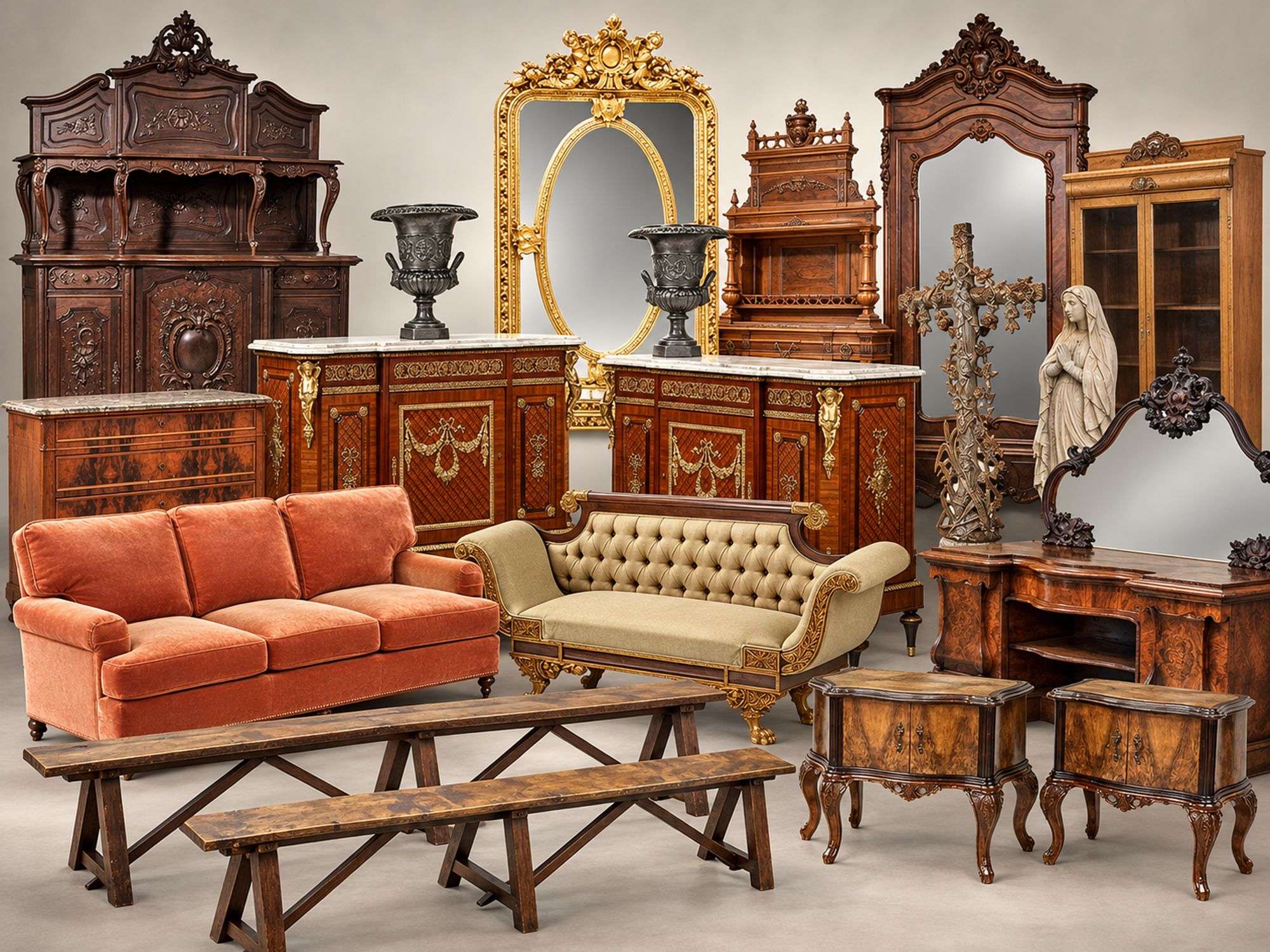 Ring 2 live and online lots: carved walnut sideboard, gilt mirror, Louis XV style marble-top chests, Empire style settee, cast iron urns and burl walnut nightstands