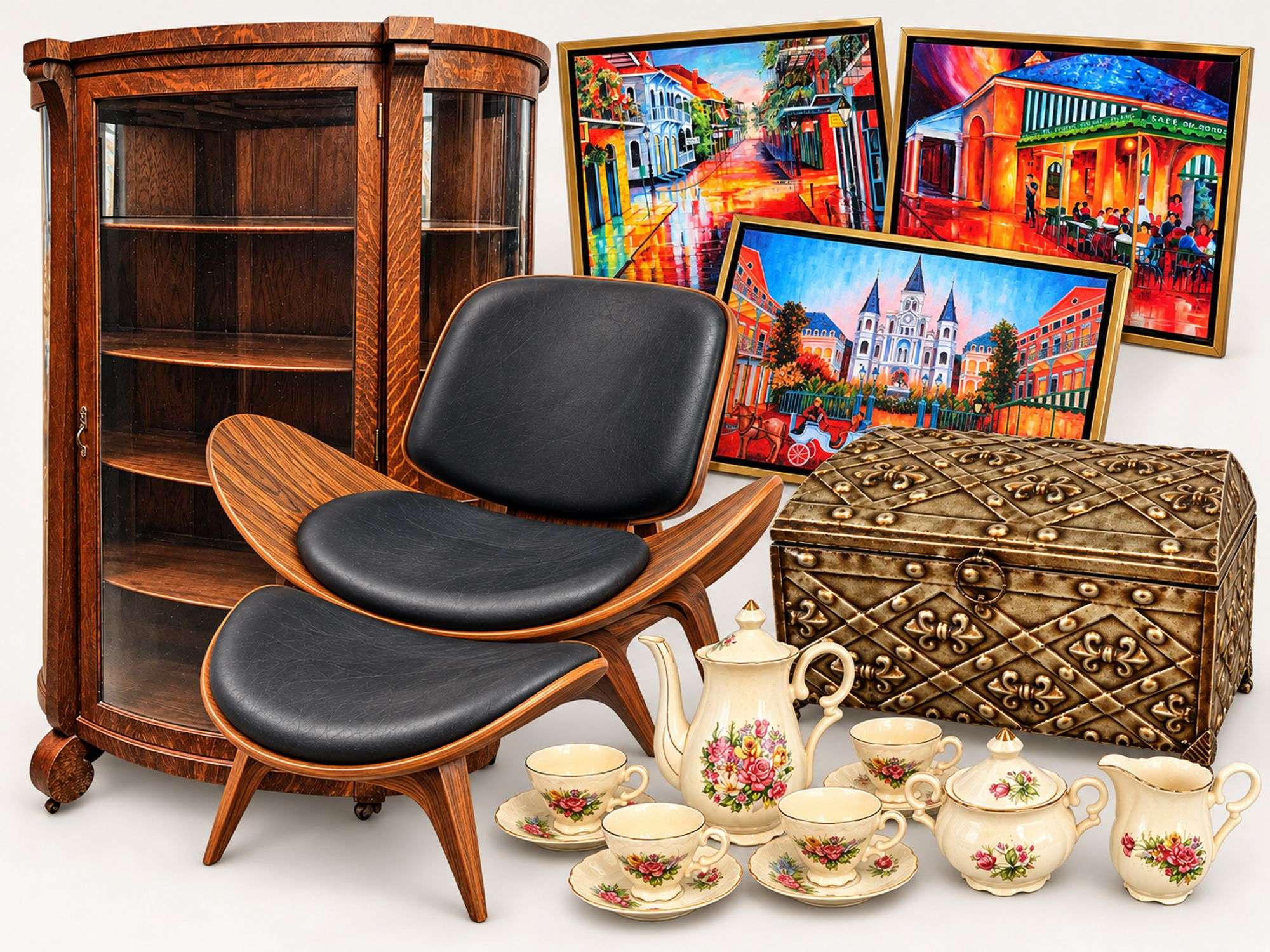 Ring 1 online-only lots: oak bow-front china cabinet, mid-century zebrano shell lounge chair, framed New Orleans canvas prints, embossed metal storage chest and floral porcelain tea set