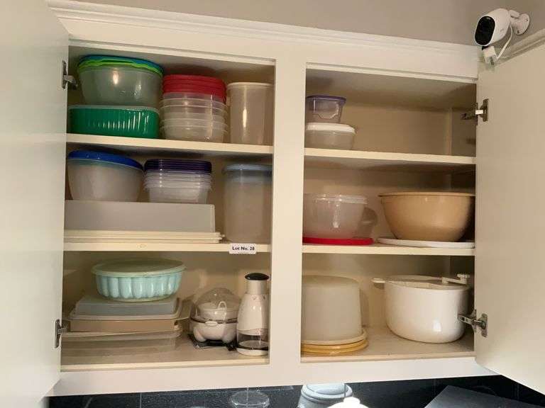 Contents of cabinet, Tupperware and misc