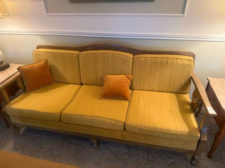 Gold Upholstered Cane Back Sofa