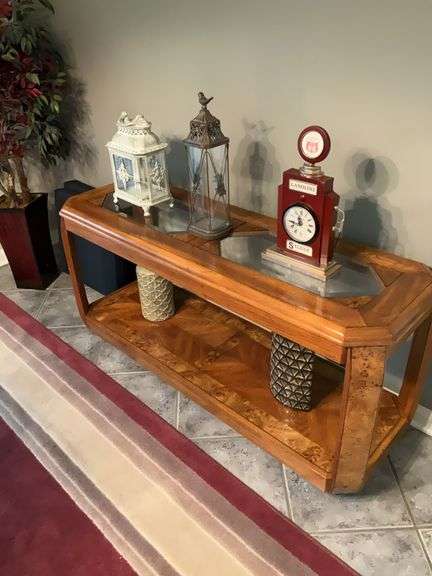 Sofa table, glass insets and contents