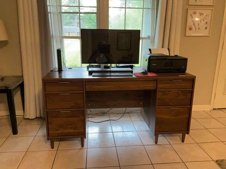 Desk and chair, monitor, keyboard, Canon printer