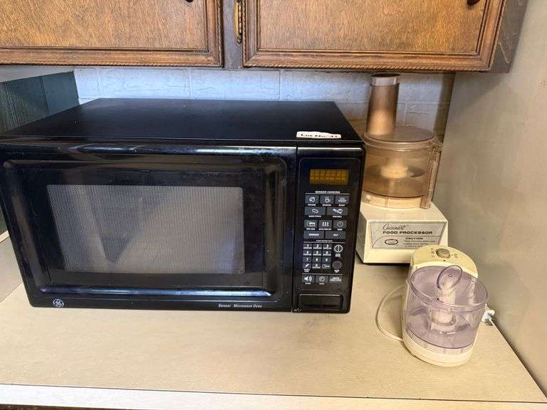 Microwave & Food Processor, mini chopper, contents of cabinet above and below microwave