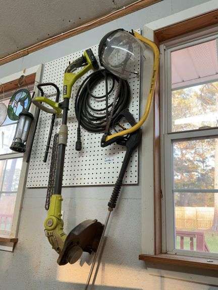 Misc on wall, Ryobi string trimmer w/ battery, no charger
