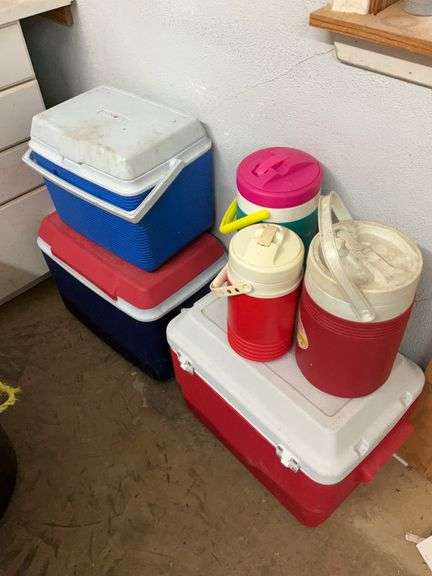 Ice chests, trash can, miscellaneous on shelf