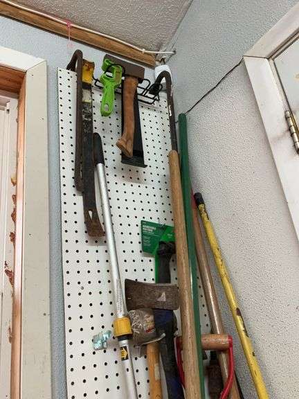 Yard tools, sledge hammer, rake, spade, miscellaneous tools