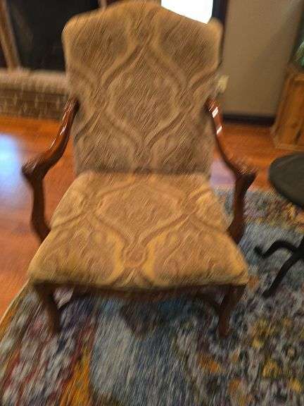 2 Upholstered Carved Arm Chairs