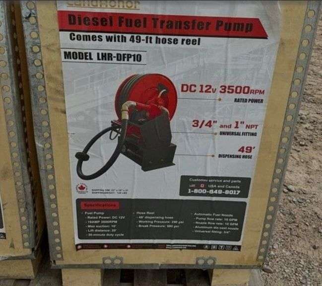 Unused LandHero 12V diesel fuel transfer pump with 49-foot hose reel