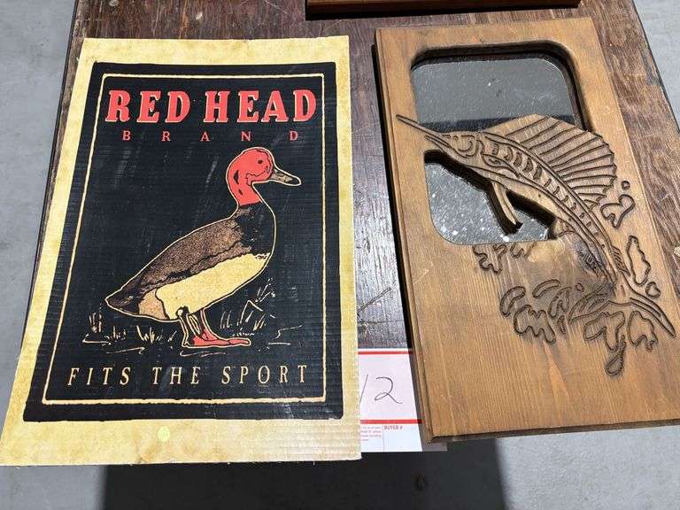 Swordfish, frame mirror and redhead brand duck poster on cardboard