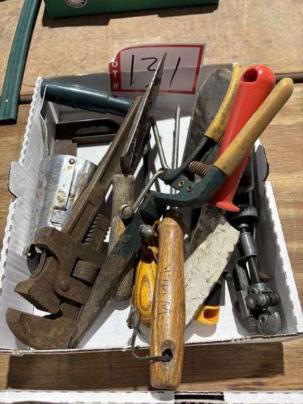 Pipe wrench, box of miscellaneous tools
