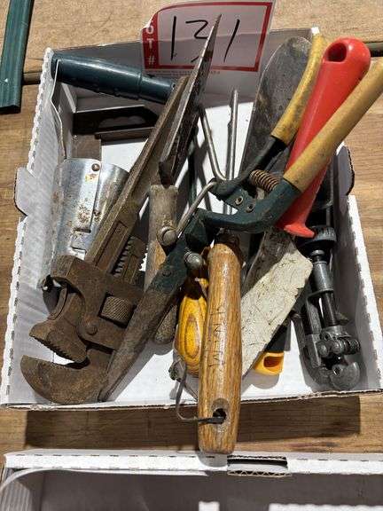 Pipe wrench, box of miscellaneous tools