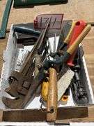 Pipe wrench, box of miscellaneous tools