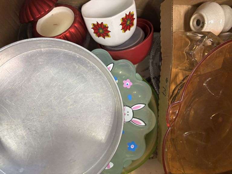 3 -boxes, miscellaneous kitchen items with plastic pitchers