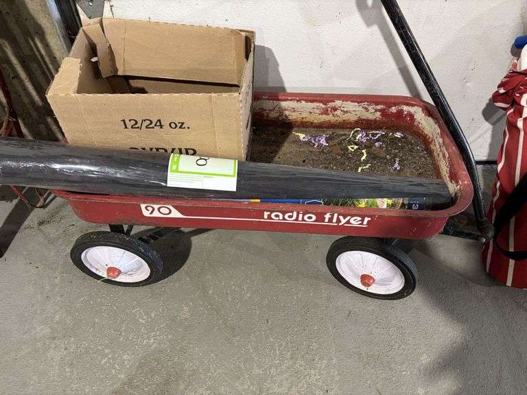 Radio flyer wagon, and landscape cloth