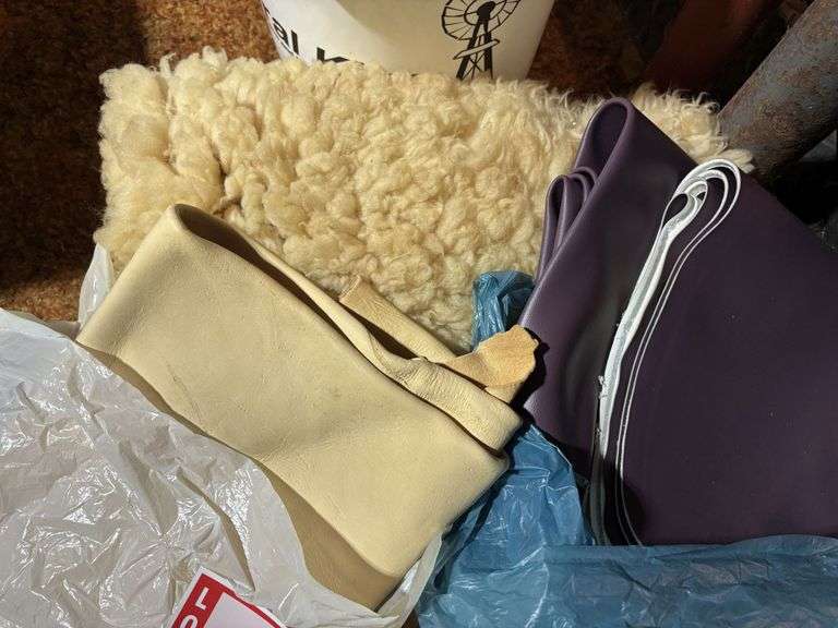 Lambskin, white leather, purple Naugahyde