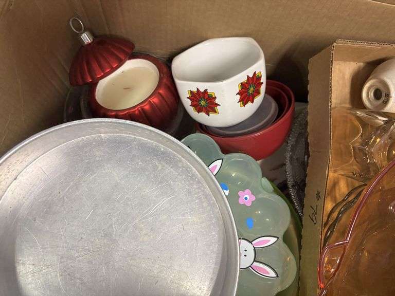 3 -boxes, miscellaneous kitchen items with plastic pitchers