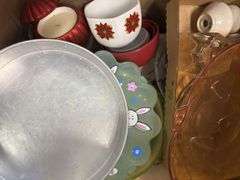 3 -boxes, miscellaneous kitchen items with plastic pitchers