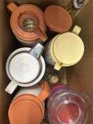3 -boxes, miscellaneous kitchen items with plastic pitchers