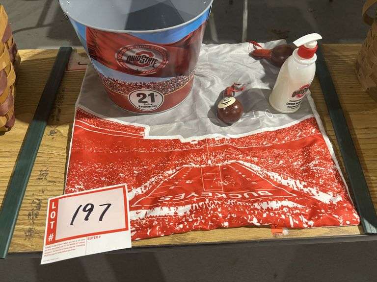 Ohio State bucket, scarf, Buckeye gourds and soap dispenser