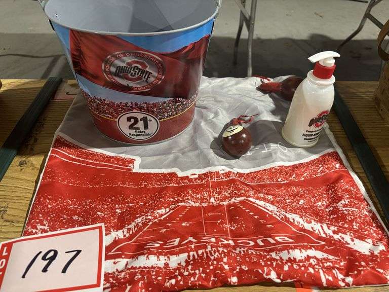 Ohio State bucket, scarf, Buckeye gourds and soap dispenser
