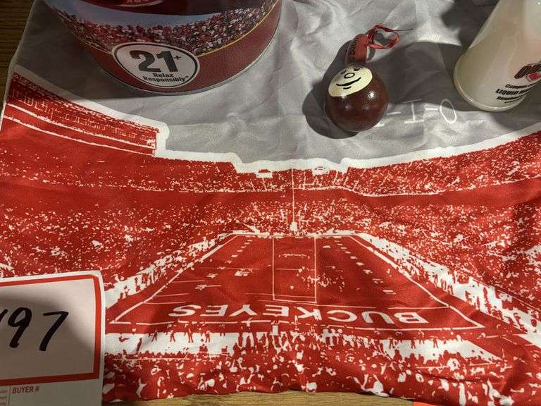 Ohio State bucket, scarf, Buckeye gourds and soap dispenser