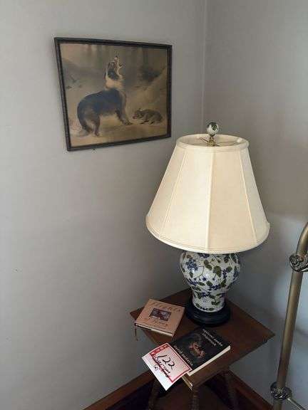 Table, lamp, 2 – pictures, book, 15 x 15 x 28.5”