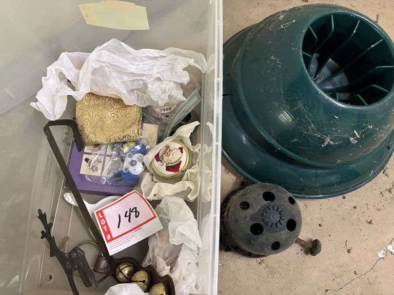 Tote, Christmas tree stand, sleigh bells, etc.