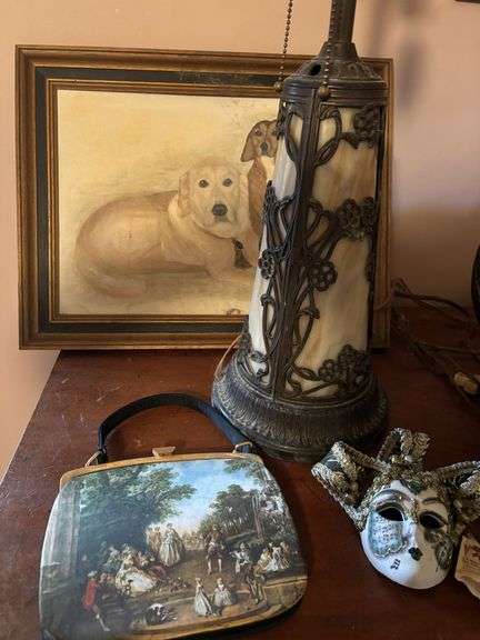 2 – pictures, lamp with part missing, purse, mask