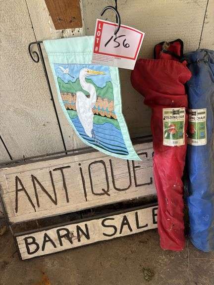 2 – folding chairs, antique sign, garden flag