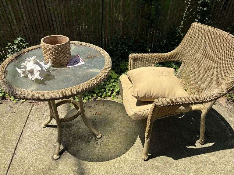 Wicker table and chair, seashell, chair has rough seat