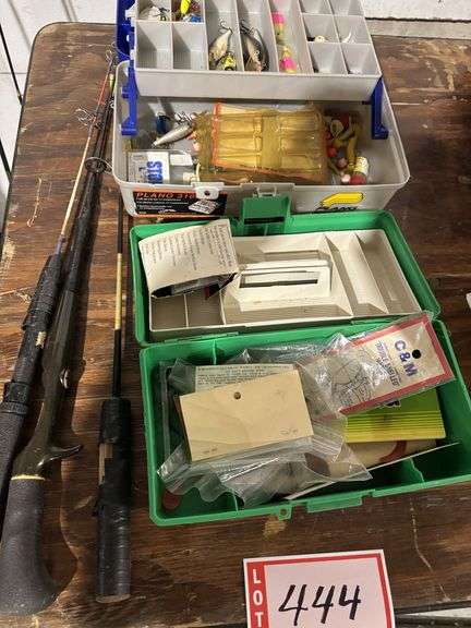 Tacklebox and 3 ice fishing poles