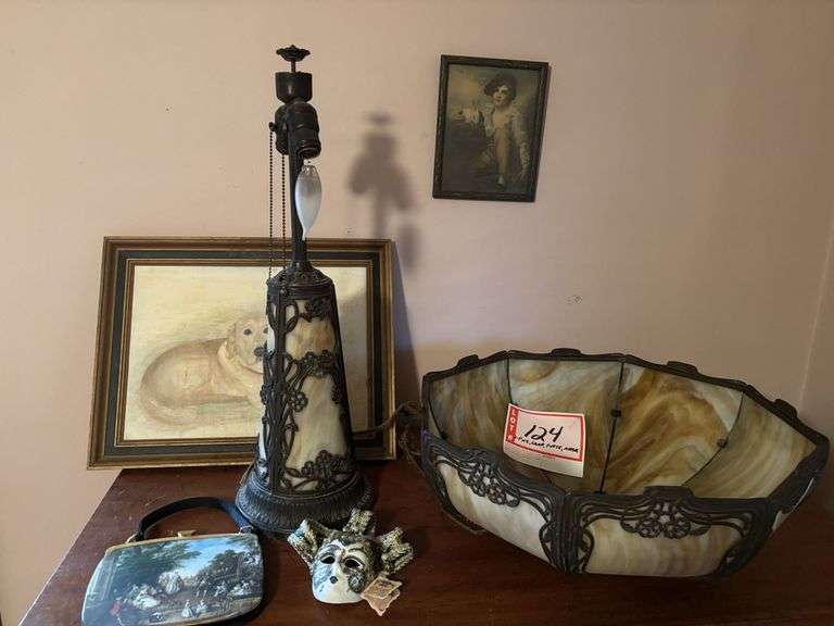 2 – pictures, lamp with part missing, purse, mask