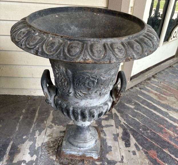 Cast iron outdoor vase, 19 x 24”