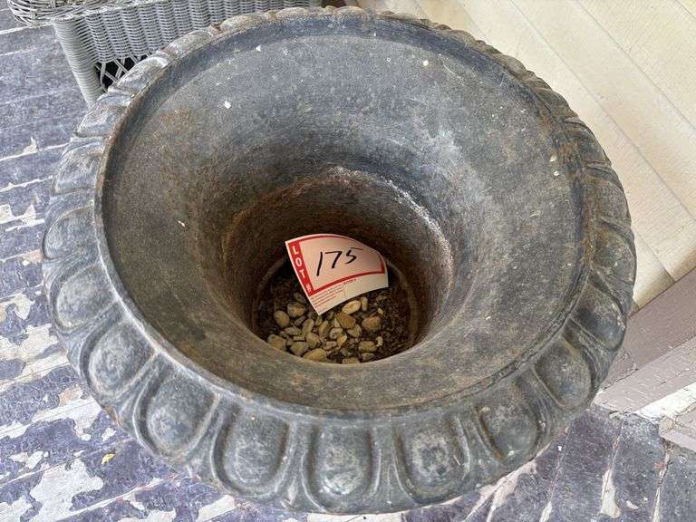 Cast iron outdoor vase, 19 x 24”