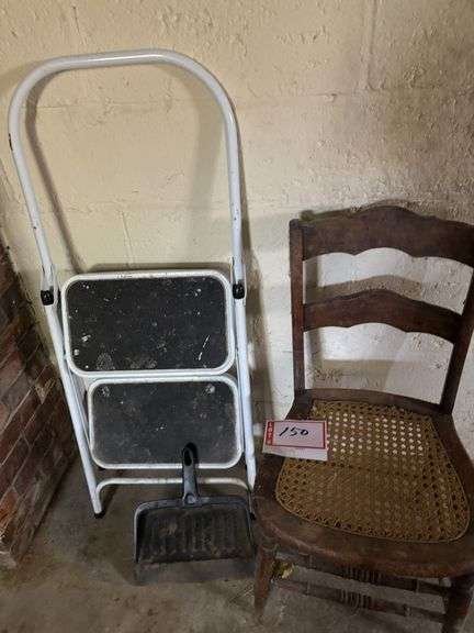 2 step ladder, dustpan, chair with cane seat