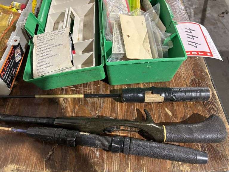 Tacklebox and 3 ice fishing poles