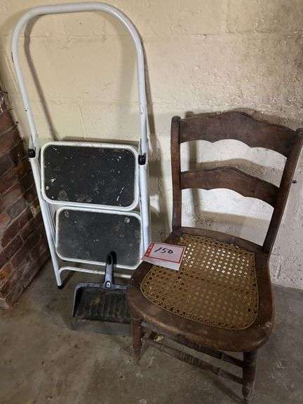 2 step ladder, dustpan, chair with cane seat