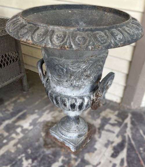 Cast iron outdoor vase, 19 x 24”