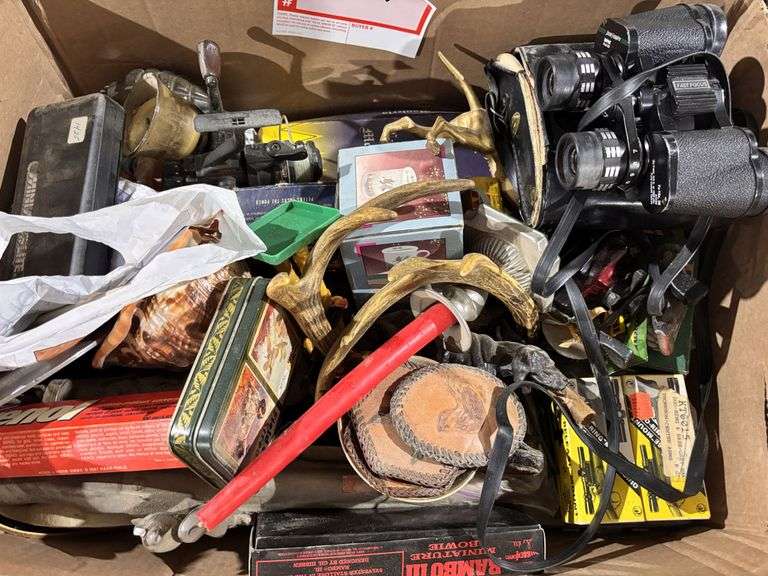 Miscellaneous, binoculars, chief, knives, playing cards, fishing, reel, etc.