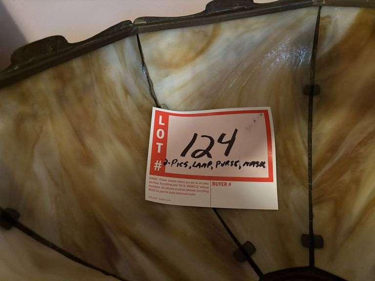 2 – pictures, lamp with part missing, purse, mask