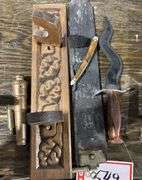 Serpentine knife, razor blade and strap, toy cannon and gun rack